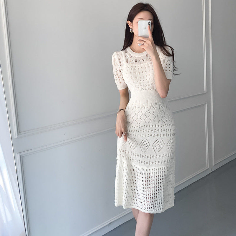 Summer White Short-Sleeve Hollow-Out Knitted Dress For Women