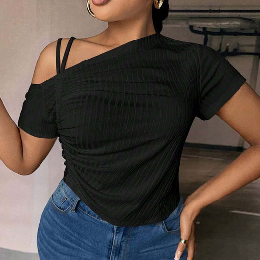 Slim-fit Off-shoulder Diagonal Neckline Solid Color T-shirt