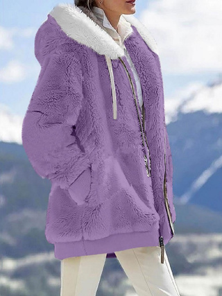 Plush Long Sleeves With Zippered Pockets And Hooded Warm Jacket
