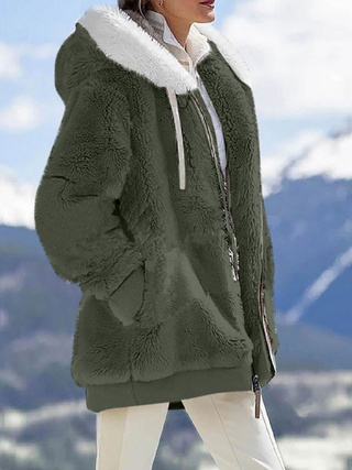 Plush Long Sleeves With Zippered Pockets And Hooded Warm Jacket