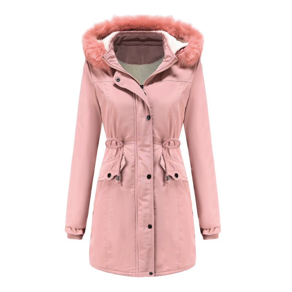 Women's Cotton Plus Velvet Detachable Hat Big Fur Collar Coat