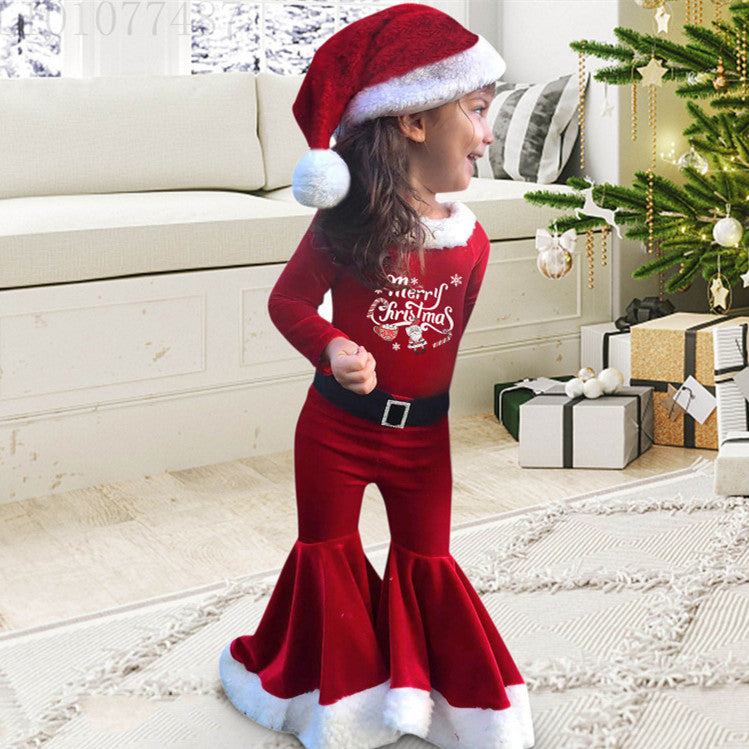 Christmas Plush Suit Top Bell-bottom Pants Hat Three-piece Set