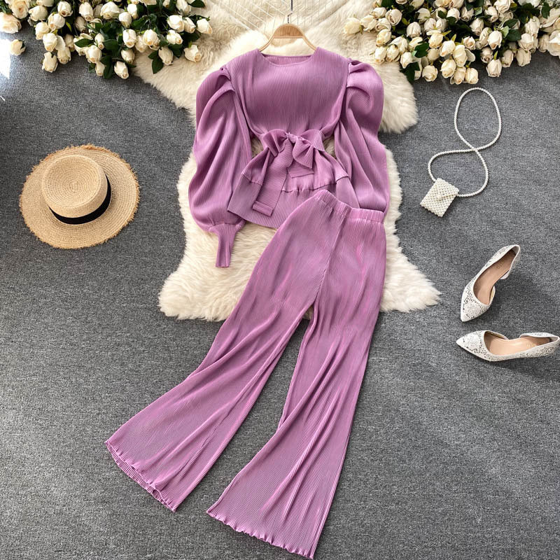 Pleated Chiffon Puff Sleeve Top Wide Leg Pants Set