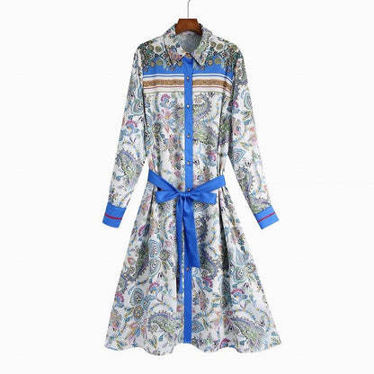 Lapel Positioned Print Nipped Waist Tie Shirt Dress