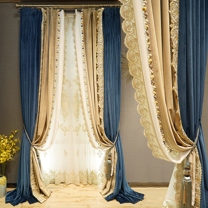 Light Luxury Stitching Dark Blue Velvet Cloth Bedroom Water-soluble Embroidered Curtain