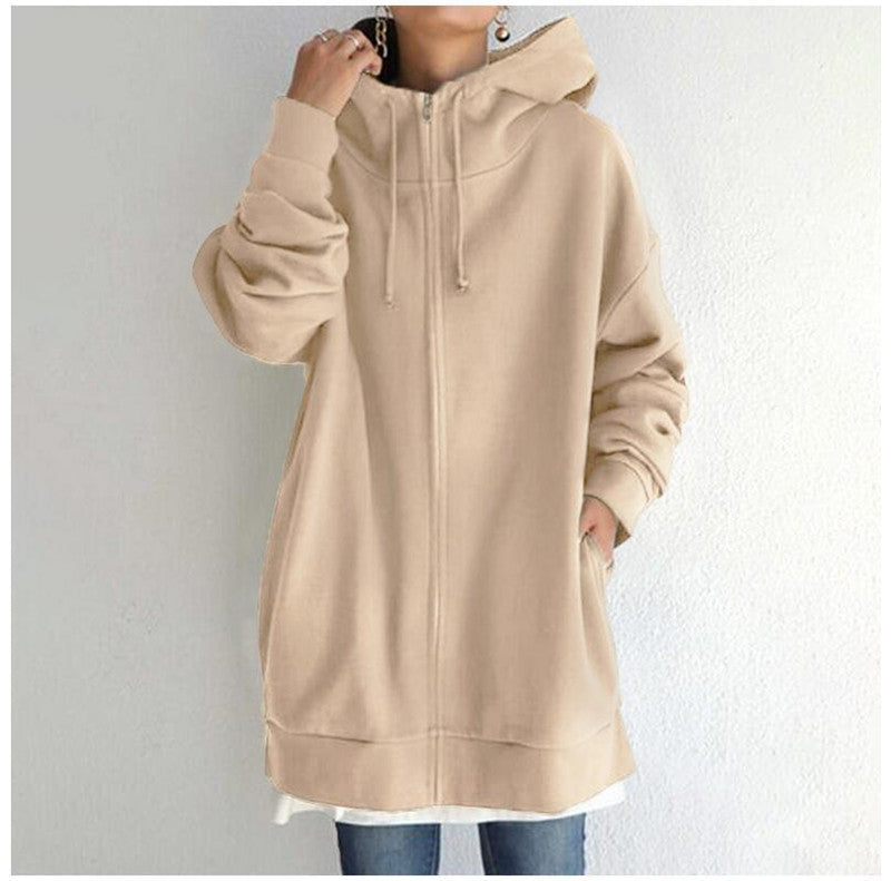 Women Loose Hooded Coats Autumn Female Tie Collar Long Sleeve Zipper Up Add Velvet Long Sweatshirt