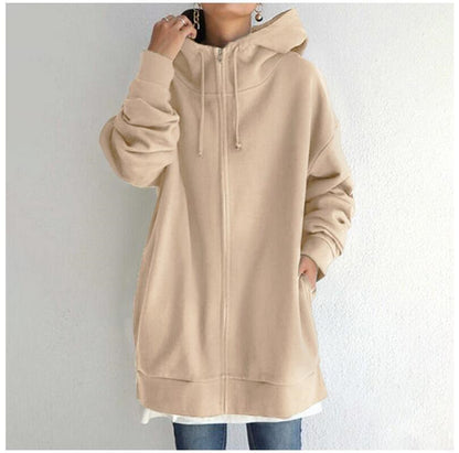 Women Loose Hooded Coats Autumn Female Tie Collar Long Sleeve Zipper Up Add Velvet Long Sweatshirt