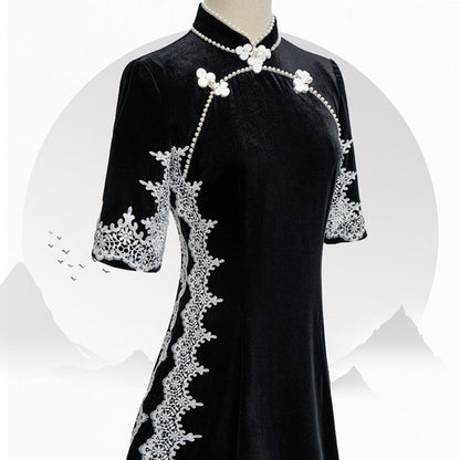 Black Velvet Cheongsam Temperament Retro Dress