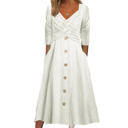 V-neck Cross Button Casual Dress Women