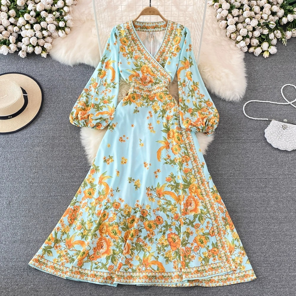 Floral Print Retro Pleated Elegant Puff Sleeve Dress A-line High Waist Boho Beach Vacation