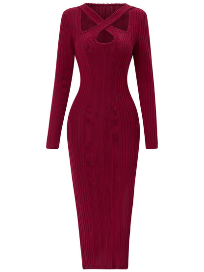 Casual Halter-neck Long Sleeve Slit Solid Color Dress