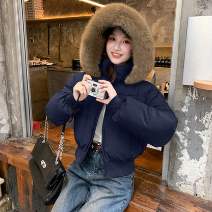 Thick Warm Hooded Short Big Fur Collar Loose Petite Cotton-padded Coat