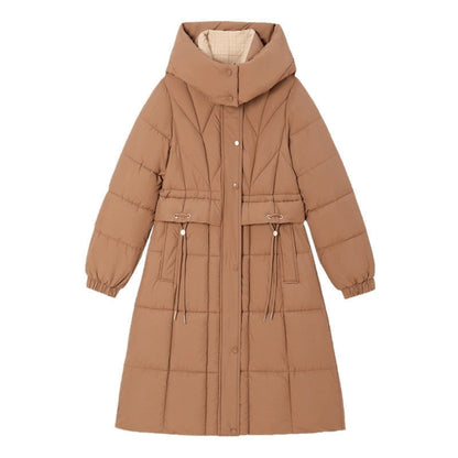 Brown puffer coat with a hood on a white background
