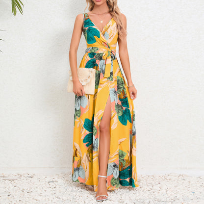 V-neck Floral Print Long Dress Summer Fashion Waist Tie Slit Design.