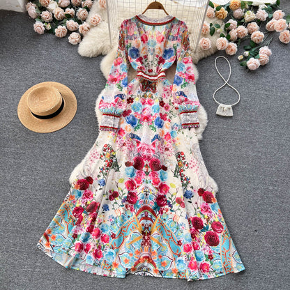 French Royal Style Deep V-neck Long Sleeve Printed Dress