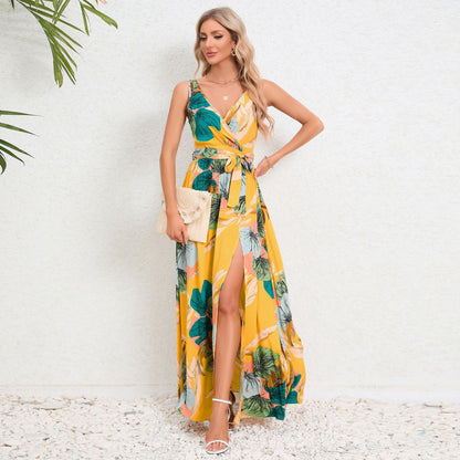 V-neck Floral Print Long Dress Summer Fashion Waist Tie Slit Design.