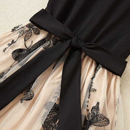 Embroidered Slim Fake Two-Piece Mesh Dress