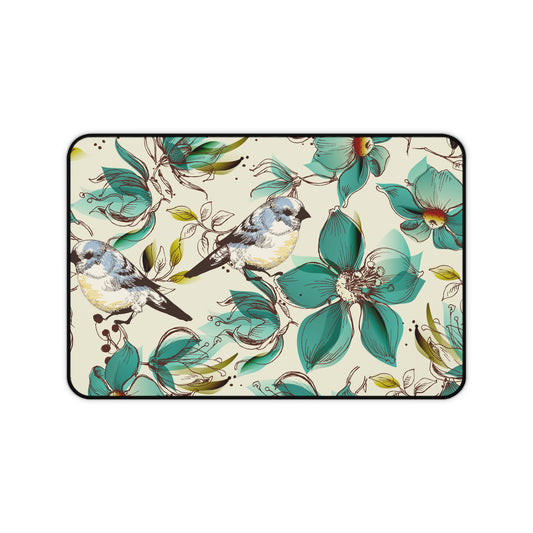 Stylish Floral Desk Mat with Birds - Office Decor, Gift for Nature Lovers, Study Accessory, Computer Mouse Pad, Home Workspace