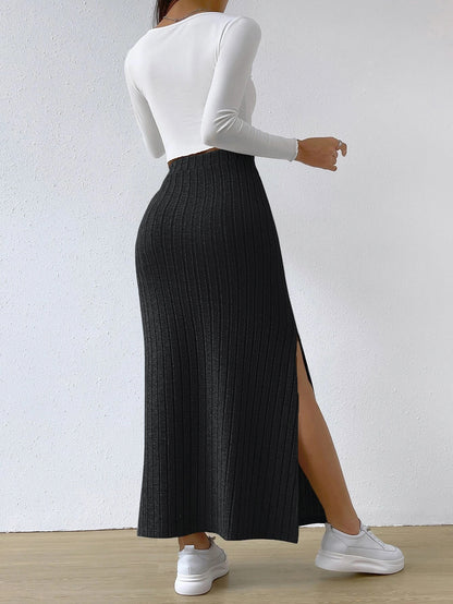 Spring Long Skirt High Waist Side Slit Slim Fit Knitted Women's Dress