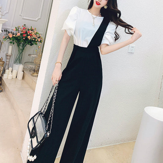 Women's New Simple Short Sleeve Top Straight Bib Two Piece Set