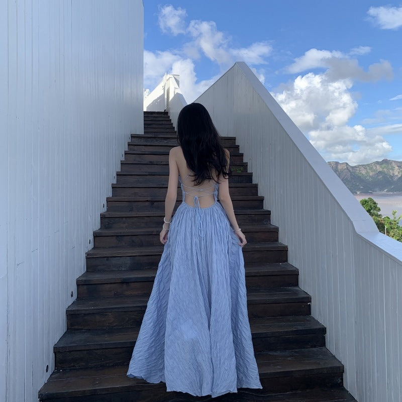 Summer Seaside Waves A Blue Sheer Vacation-style Backless Dress
