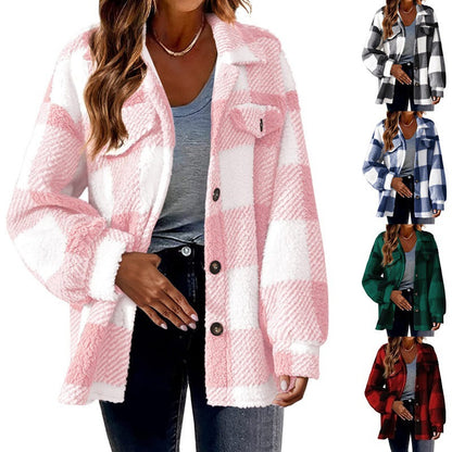 Winter Pocket Plaid Jacket Button Plush Coat