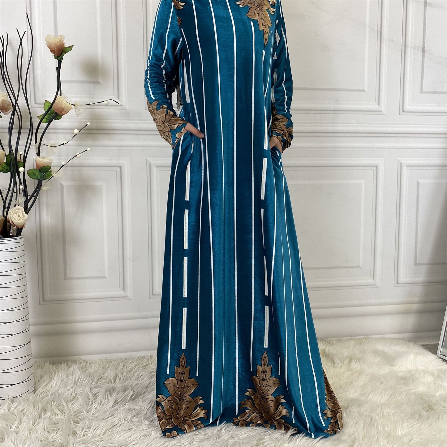 Women's Gold Velvet Print Long Sleeve Dress