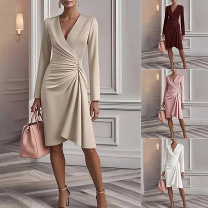 V Neck Folds  Solid Color Slim-fit Long Sleeve V-pleated Design Dress  Women's