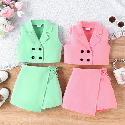 Girl's Candy Color Vest Suit Top Skirt Suit