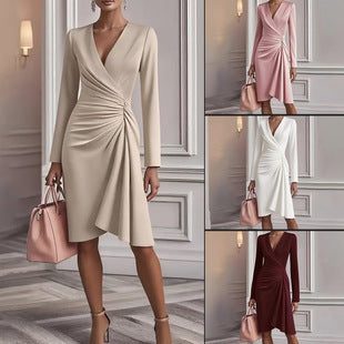 V Neck Folds  Solid Color Slim-fit Long Sleeve V-pleated Design Dress  Women's