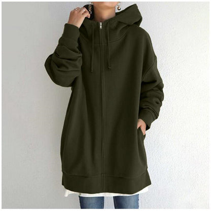 Women Loose Hooded Coats Autumn Female Tie Collar Long Sleeve Zipper Up Add Velvet Long Sweatshirt