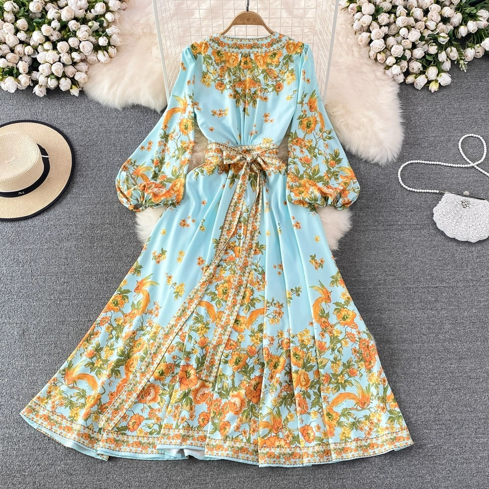 Floral Print Retro Pleated Elegant Puff Sleeve Dress A-line High Waist Boho Beach Vacation