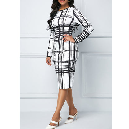 Plus Size Crew Neck High Waist Printed Long Sleeve Commuter Dress