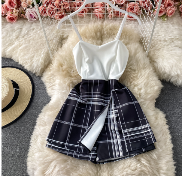 High Waisted Plaid Fake Two Piece Suspender Hakama