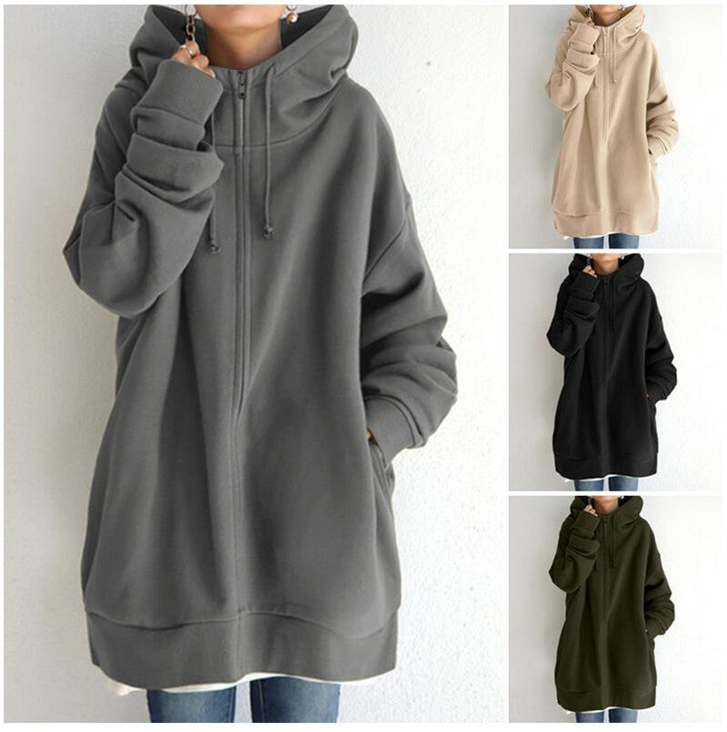Women Loose Hooded Coats Autumn Female Tie Collar Long Sleeve Zipper Up Add Velvet Long Sweatshirt