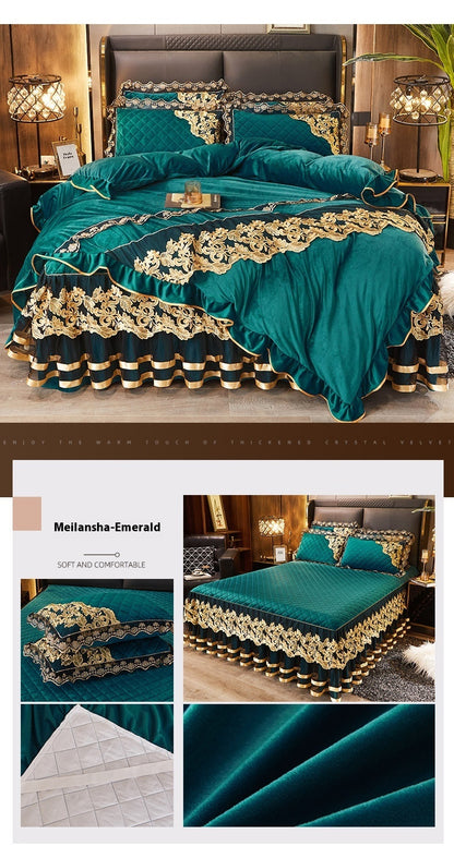 Lace Quilted Rhinestone Velvet Bed Skirt Protective Sleeve