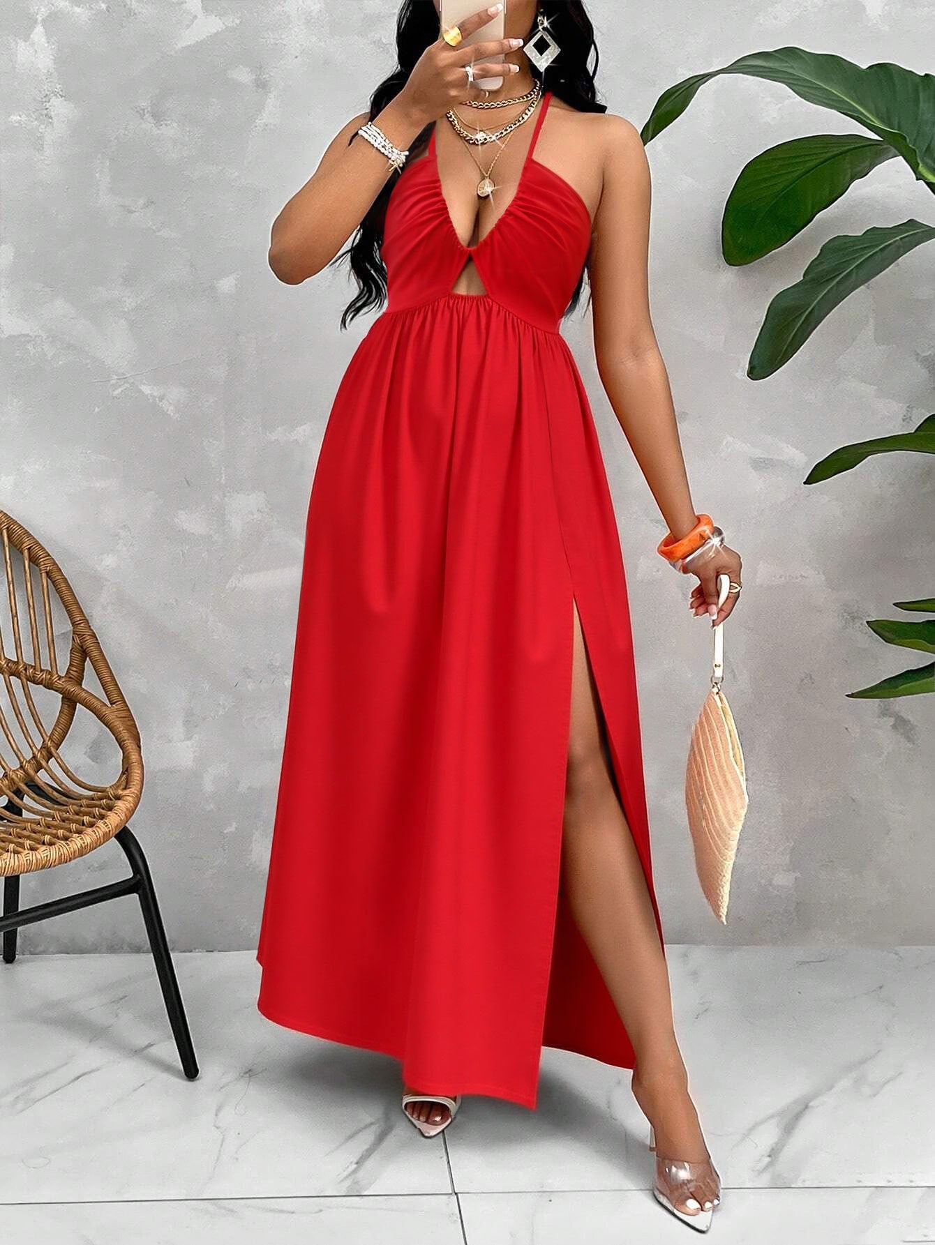 Deep V-neck Drawstring Halter Dress