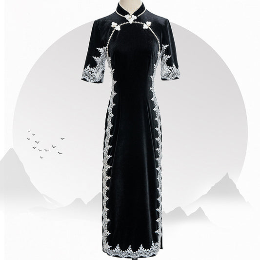 Black Velvet Cheongsam Temperament Retro Dress