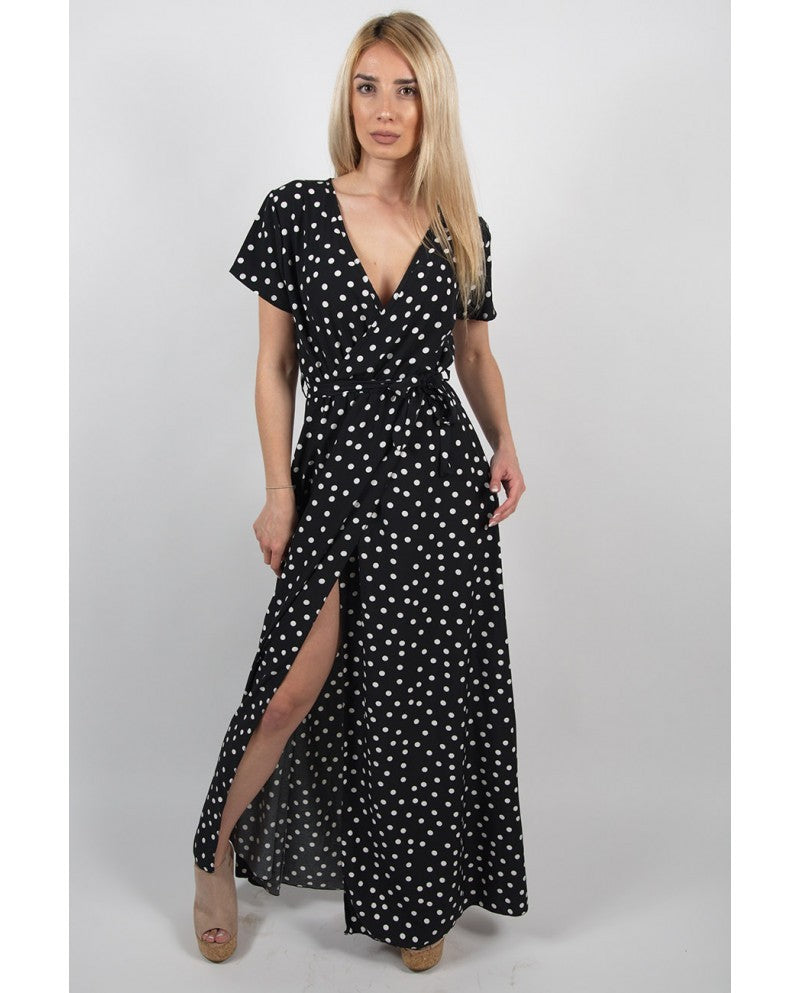 V-neck low-cut polka-dot dress