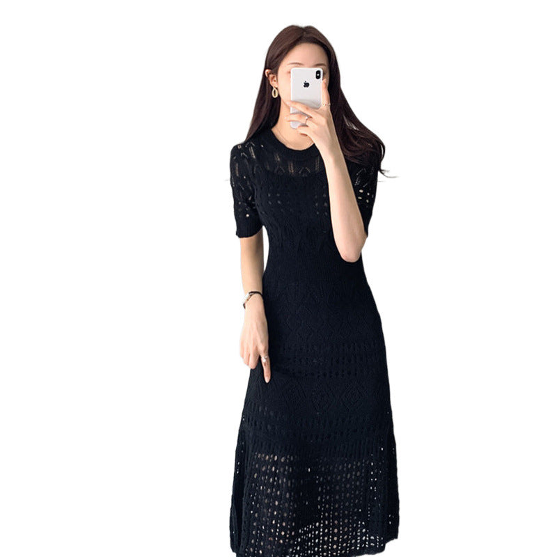 Summer White Short-Sleeve Hollow-Out Knitted Dress For Women