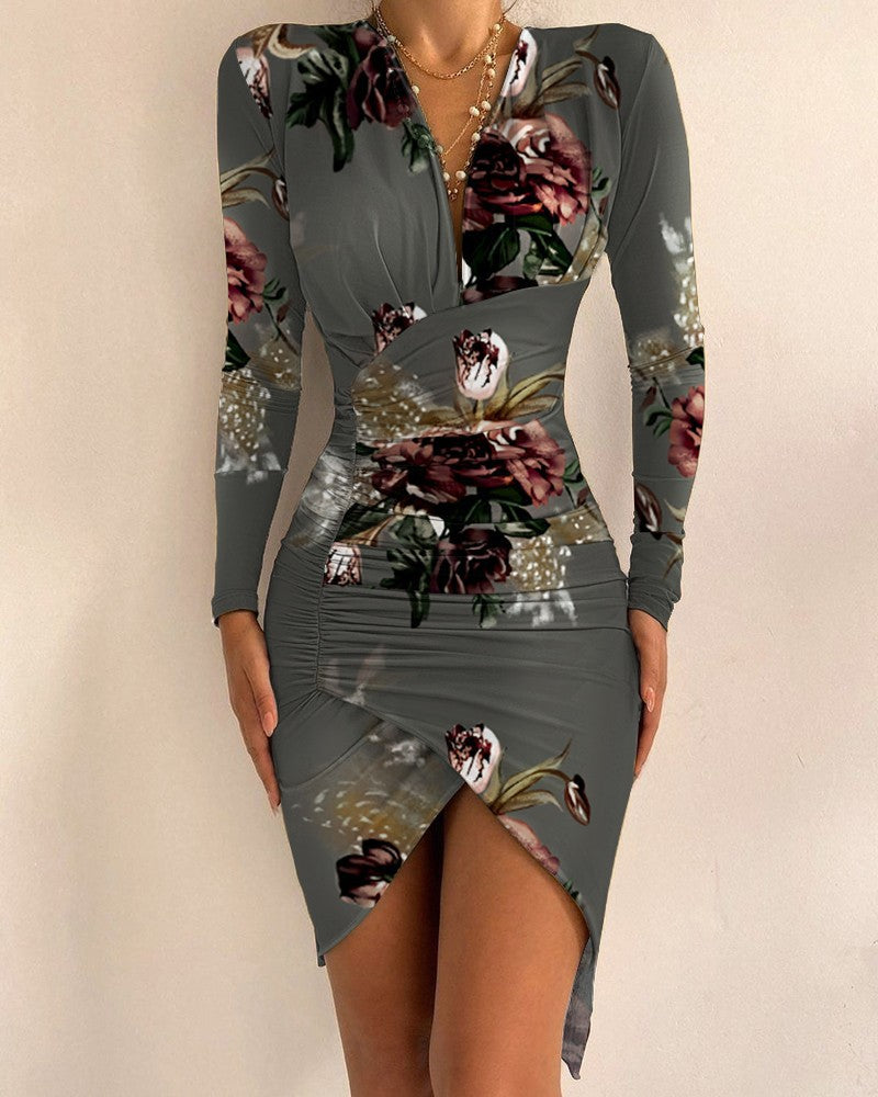 Autumn And Winter Long Sleeve V-neck Printed Tight Split Dress Women's Clothing