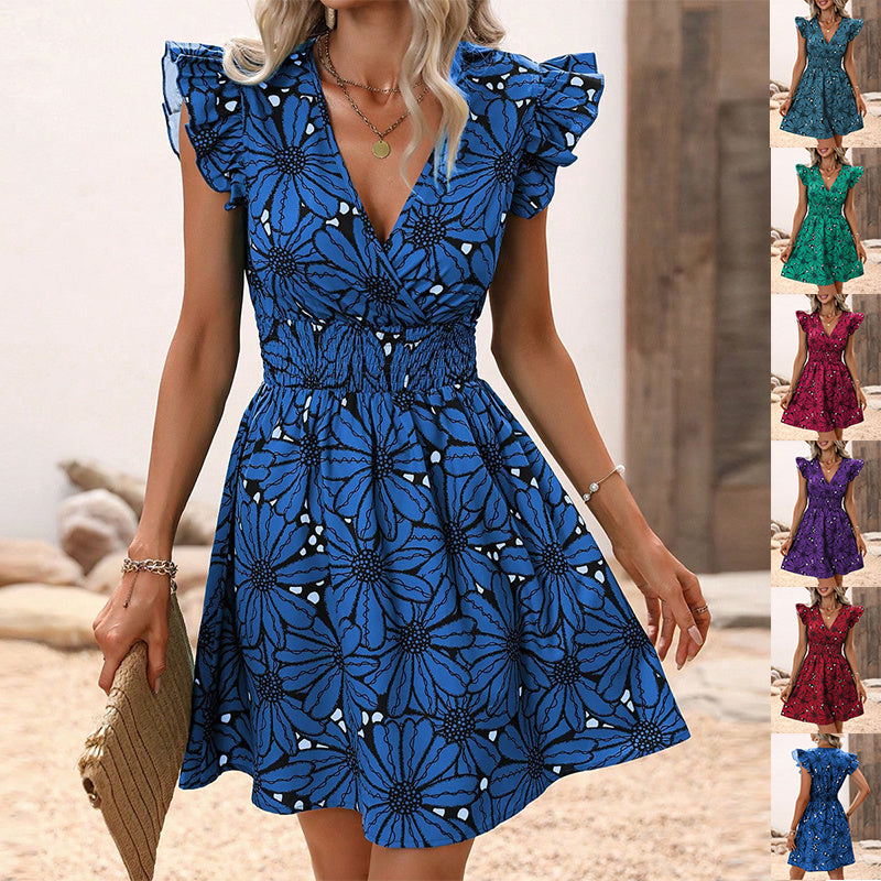 Flowers Print Ruffled Sleeveless Dress