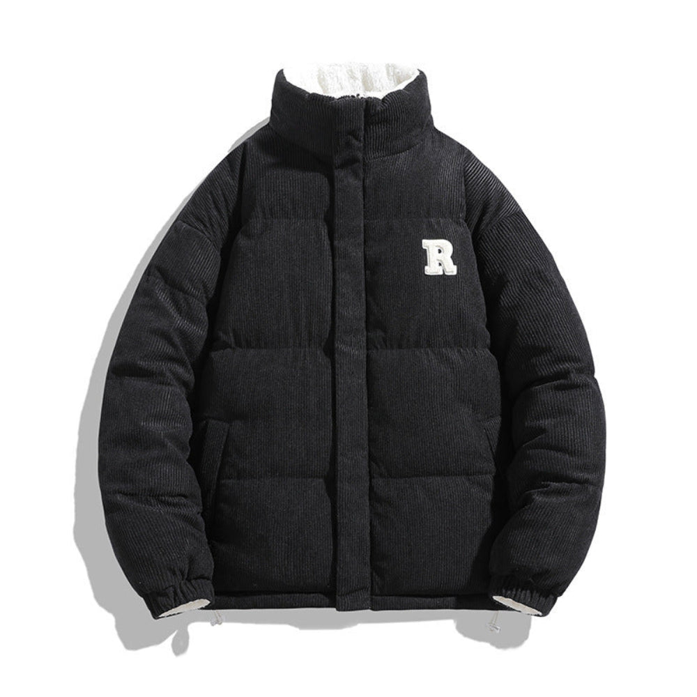 Black puffer jacket with a white logo on a white background