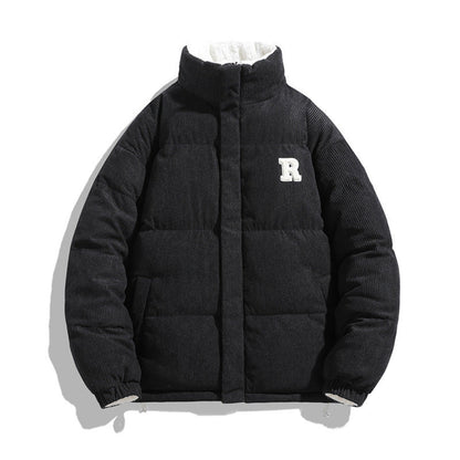 Black puffer jacket with a white logo on a white background