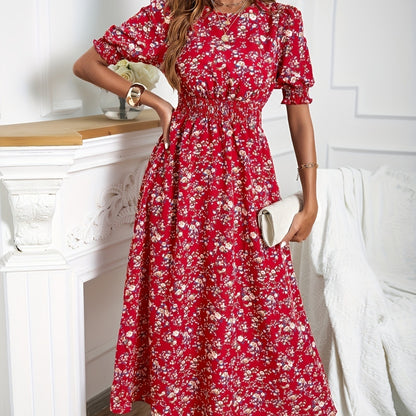Women's Fashion Print Waist-Cinching Bubble Sleeve Dress