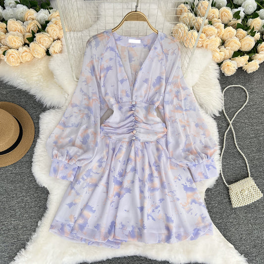 V-neck Tie-dye Chiffon Dress New Waist Small A-line