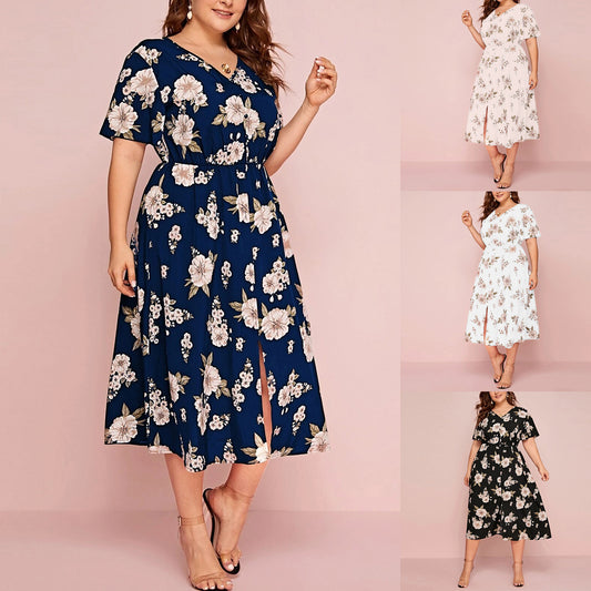 Women's Floral Print V-Neck Short Sleeve Dress