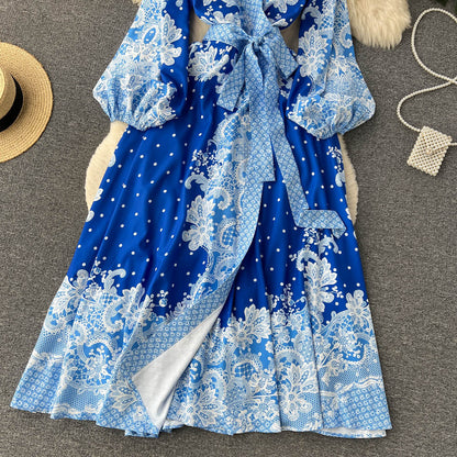 European And American Ins Vintage Court Style Printed Lantern Sleeve V-neck Lace Up Large Swing Dress