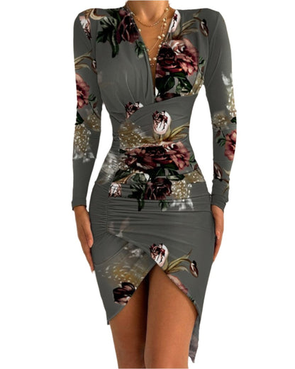 Autumn And Winter Long Sleeve V-neck Printed Tight Split Dress Women's Clothing