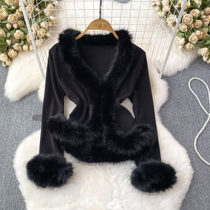 V-neck Stitching Bell Sleeve Slim Slimming And Simple Sweater
